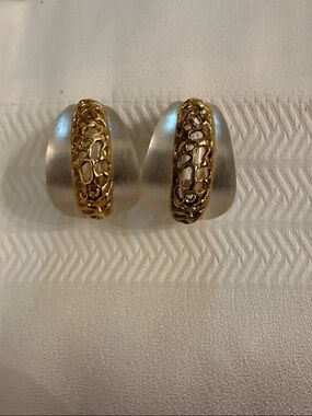 Alexis Bittar White Lucite and Pierced Gold Accent Frosted Hoop Earrings